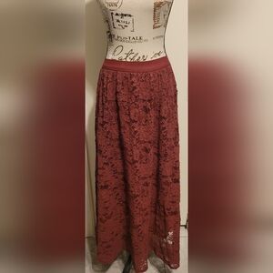 Laffaire Wine Red Lace Elastic Waist Skirt